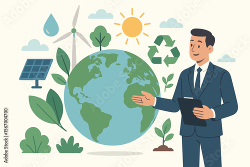 Businessman presents an eco-friendly Earth. Concept of sustainable development, corporate social responsibility, green business technology, and renewable energy like solar and wind.