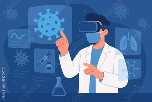 Scientist in virtual reality researching coronavirus. Doctor in metaverse developing vaccine for covid-19 mutation. Futuristic medical technology, virology research and innovative healthcare.