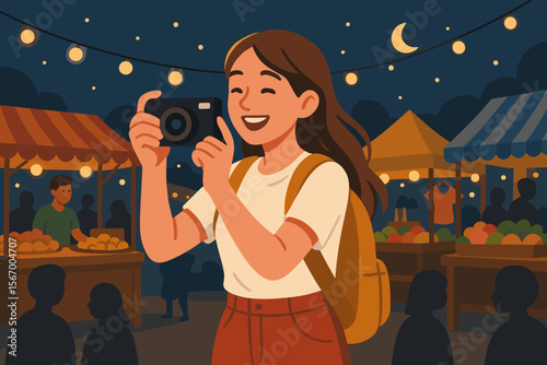 Happy female tourist taking a photo at a vibrant night market. Young woman traveler with a backpack and camera enjoying her vacation. Outdoor street food festival. Travel and lifestyle concept.