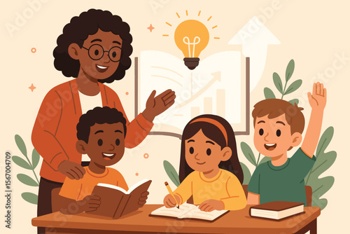 Black female teacher helping diverse students in classroom. Education concept with children learning, reading, writing. Mentorship for growth, knowledge and potential. Vector cartoon.