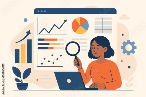 Business analyst woman at laptop analyzing data on dashboard. Concept of market research, statistics, analytics, and strategy. Financial report with graphs and charts. Modern flat vector.
