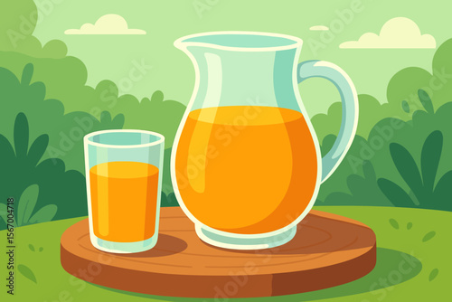 Glass and pitcher of fresh orange juice on a wooden tray. Summer picnic in nature concept. Healthy breakfast vitamin C drink. Modern flat vector cartoon illustration for design.