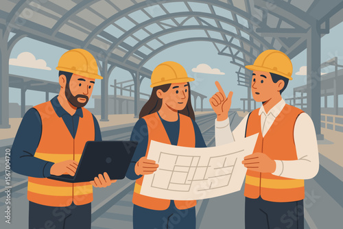 Engineers and technicians team analyzing railway station construction project. Civil architect planners with blueprint and laptop. Building industry teamwork and collaboration concept.