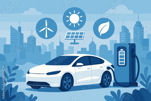 Electric car charging at station with clean energy icons. EV concept with wind turbine, solar panel. Renewable energy for sustainable transport in a city. Eco-friendly vehicle.