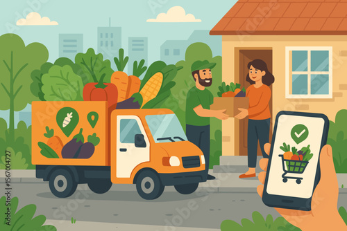 Online grocery shopping concept with fresh vegetable delivery service. A courier gives a food box to a woman customer at her home. Hand holds a smartphone with an e-commerce app. Vector.