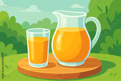 Glass and pitcher of fresh orange juice on a wooden stand. Outdoor summer picnic concept with healthy organic beverage. Morning breakfast drink. Natural vitamin C. Flat vector illustration.