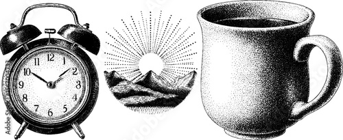 Vintage morning scene with alarm clock, coffee mug, and sunrise illustration for retro design