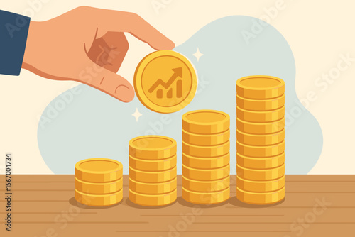 Financial growth concept with hand stacking gold coins into a rising bar chart. Investment, savings, and profit metaphor. Business success, wealth accumulation, and income increase.