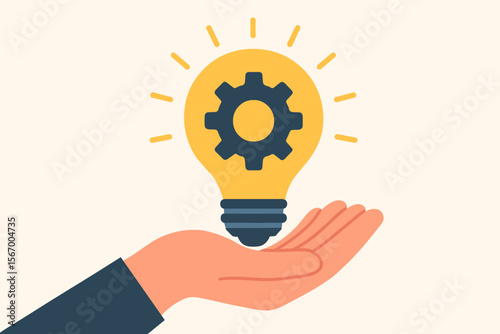 Hand holding light bulb with cog inside. Creative idea concept. Innovation, inspiration, solution, strategy, business, technology. Imagination, success. Modern flat vector illustration.