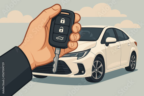 Hand holding a new car key fob. Concept of buying, selling, or renting a modern vehicle. Automobile ownership and transport business. Dealership deal. Flat vector cartoon illustration.