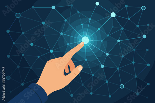 Human hand touching glowing digital network node. Futuristic technology, internet connection, and innovation concept. Global communication, big data, AI, and cybersecurity metaphor.