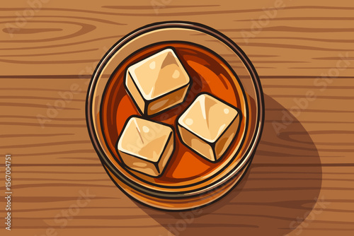 Whiskey on the rocks, top view. Glass of bourbon with ice cubes on a wooden table background. Vector illustration. Alcohol, beverage, drink concept. Bar, pub menu. Spirit, scotch, cocktail.