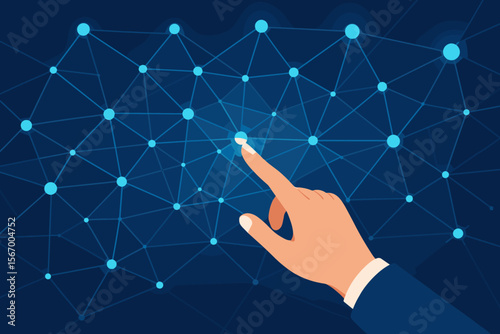 Businessman hand touching futuristic network connection. Internet, innovation, and technology concept. Digital transformation, global communication, data processing, and AI metaphor.