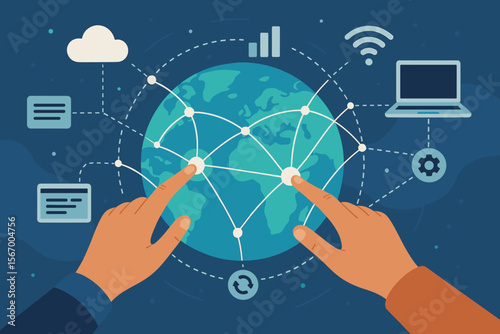 Hands touching a global network. Digital connection and data exchange concept. Worldwide communication technology. Internet business and big data analytics vector flat illustration.