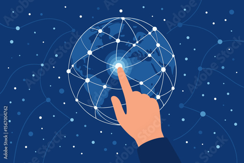 Hand touching global network on data connection. World map internet technology. Business communication and science concept. Big data visualization. Worldwide social network vector.