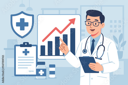 Health Insurance and Healthcare Business Growth Concept with Doctor Pointing at Medical Data Chart, Medical Examination, Medicine, and Healthcare Industry Analysis