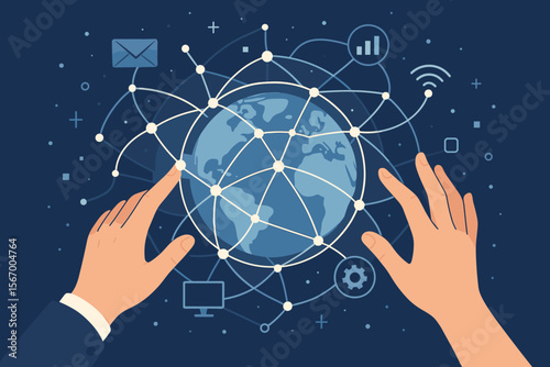 Hands touching a global network of digital connections and data exchanges. Modern technology, internet communication, big data, business, and worldwide information concept. Vector.