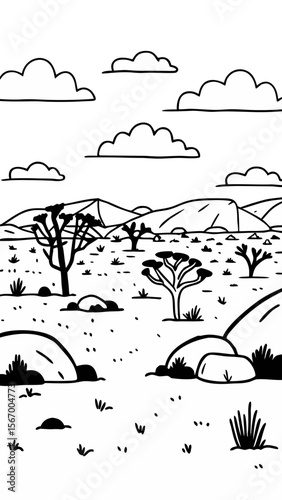 Black and white illustration of desert landscape with rocks and trees  