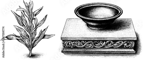 Vintage botanical and ritual objects sketch: altar slab, bronze dish, and plant bundle