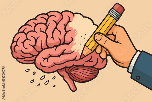 Memory Loss Concept. Human Brain Being Erased by Pencil. Cognitive Decline, Dementia, Alzheimer’s Disease, Forgetfulness, Amnesia, Mental Health, Neuroscience, Aging, Brain Damage, Vector Illustration
