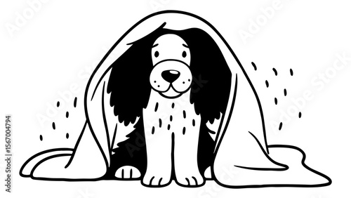 Dog sitting under towel with wet fur after bath  
