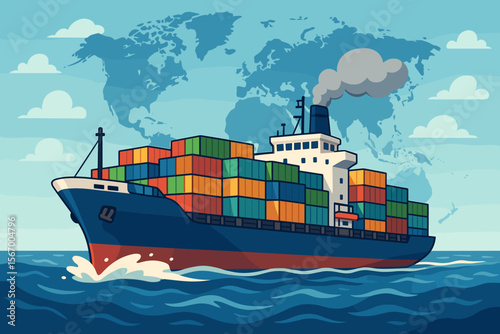 Global Maritime Cargo Ship Transporting Colorful Shipping Containers Across Ocean, International Freight Logistics, Worldwide Sea Trade, Export Import, Vector Illustration, No Text
