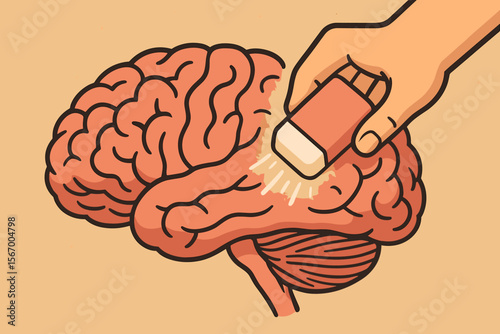 Human Brain Memory Loss Concept. Hand Erasing Brain. Memory Erasure, Forgetfulness, Dementia, Alzheimer’s Disease, Cognitive Decline, Amnesia, Mental Health, Neuroscience, Vector Cartoon Illustration