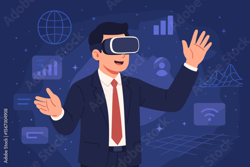 Businessman Experiencing Metaverse Technology with VR Headset, Virtual Reality Visualization, Augmented Data, Digital World, Future Business Innovation, Immersive Analytics, Global Network