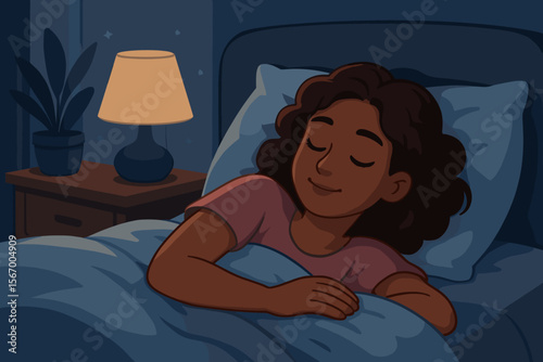 Peaceful Woman Sleeping in Cozy Bed at Night, Relaxed Female Resting, Bedroom Lamp, Healthy Sleep, Nighttime Comfort, Self-Care, Tranquil Home, Restful Night, Vector Illustration