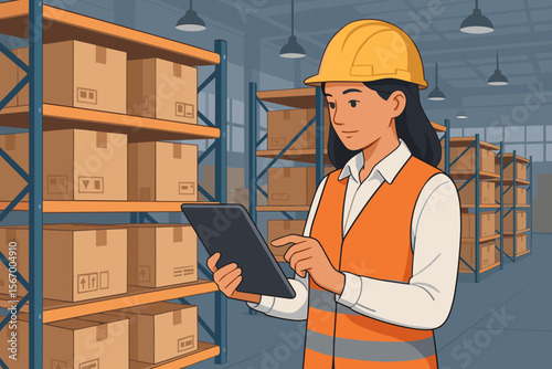 Female Warehouse Worker Using Tablet for Inventory Management, Logistics, Shipping, Distribution, Smart Factory, Stock Control, Supply Chain, Import Export, Industrial Storage, Safety Vest, Hard Hat