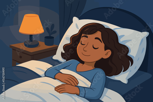 Peaceful Woman Sleeping in Cozy Bed at Night, Healthy Sleep Habits, Relaxation, Restful Night, Bedroom Lamp, Calm Nighttime, Vector Illustration