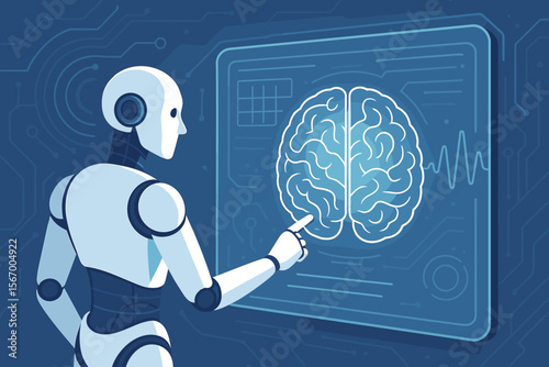 Artificial intelligence concept with robot analyzing human brain on futuristic interface. Medical technology for neurology, diagnostics, and scientific research. AI in healthcare vector.