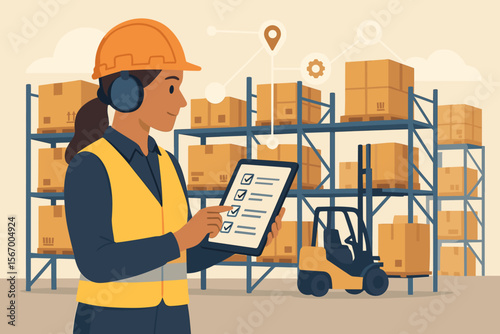 Female Warehouse Worker Using Tablet for Inventory Checklist in Smart Logistics Center, Modern Supply Chain, Distribution, Shipping, Import Export, Forklift, Industrial Storage, Technology, Automation