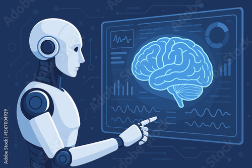 Artificial Intelligence Robot Analyzing Human Brain Data on Digital Interface, Futuristic Neural Science, Medical Technology, Machine Learning, Innovation, Modern Vector Illustration