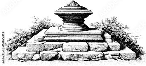 Ancient plaza threshold with forgotten urn illustration - vintage hand drawn engraving for design and decor