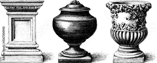 Vintage architecture elements: ancient plaza threshold and forgotten urn sketch