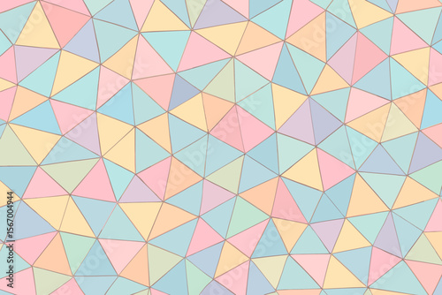 Seamless Pastel Geometric Triangle Mosaic Pattern Background. Abstract Polygonal Low Poly Design. Soft Colorful Repeating Texture. Modern Vector Illustration. Decorative Wallpaper. Subtle Retro Style.