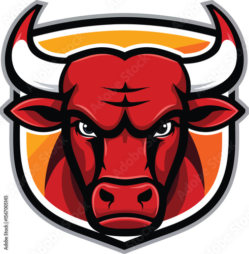 A vibrant red bull head mascot illustration with menacing horns and a tribal design evokes a dangerous, monstrous, and even devilish symbol perfect for a tattoo or a horror-themed cartoon