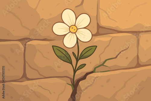 Resilient White Flower Blooming Through Cracked Stone Wall, Survival, Hope, Nature Overcoming Hardship, Warm Earth Tones, Flat Vector Illustration, Growth, Perseverance, Urban Environment