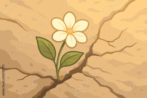 Resilient White Flower Blooming Through Cracked Dry Earth, Survival and Hope Concept, Drought Resistant Plant, Nature Overcoming Adversity, Warm Tones, Flat Vector Illustration