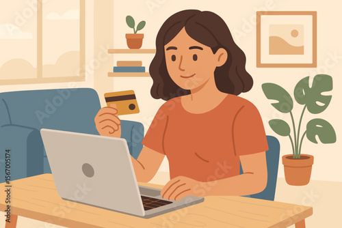 Woman Shopping Online at Home with Credit Card and Laptop, Modern Flat Vector Illustration, E-commerce Payment, Digital Purchase, Cozy Living Room, Indoor Plants, Secure Transaction, Female Buyer