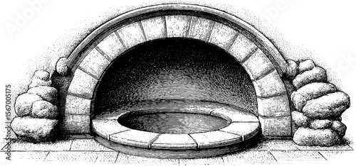 Vintage architectural sketch of arched tunnel and dust-filled basin for retro design projects