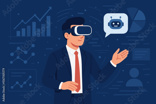 Businessman Using AR VR Goggles for Virtual Reality Marketing, AI Chatbot Interaction, Metaverse Visualization, Data Analytics, Future Business Technology, Digital Transformation, Virtual Presentation