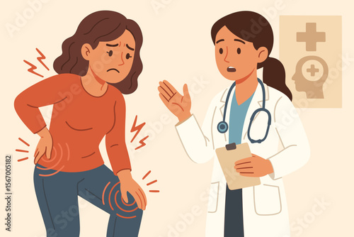 Woman Suffering Chronic Joint and Hip Pain Consulting Doctor. Medical Visit, Pain Management, Healthcare Concept, Female Patient, Physician Advice, Diagnosis, Treatment, Vector Illustration