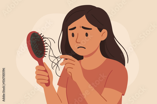 Hair Loss Concept, Woman Holding Hairbrush with Fallen Hair, Female Hair Shedding, Hair Loss Problem, Hair Care, Stress, Alopecia, Modern Flat Vector Illustration, Health and Beauty, Daily Routine