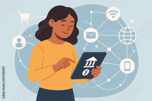 Woman using tablet for online banking and shopping. Concept of a digital payment system and global communication network. Omnichannel customer experience flat vector illustration.
