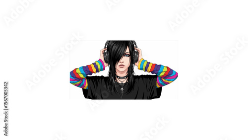 "emo girl with black hair, striped sleeves and headphones, 2000s scene kid, vector illustration"generative ai