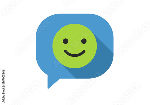 Happy Green Smiley Face in a Blue Speech Bubble Icon.