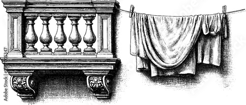 Vintage balcony scene with clothesline and draped sheets for retro design