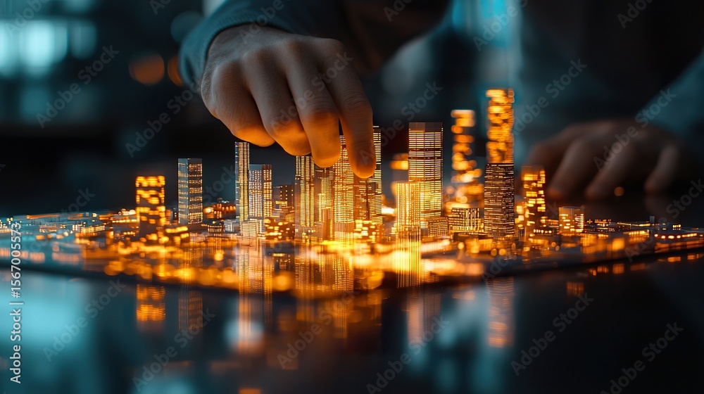 Obraz premium A futuristic city model created by AI urban design software displayed on a transparent touch screen, zoomed-in view of buildings forming in 3D